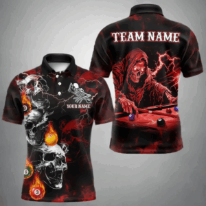 Personalized Red Smoke Skull Billiard Shirts For Men Custom Death Skeleton Billiard Jerseys TDM3869