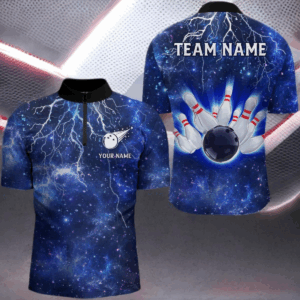 Custom Navy Bowling Quarter-Zip Shirt For Men Lightning Thunder Bowling Jersey Team League BDT331