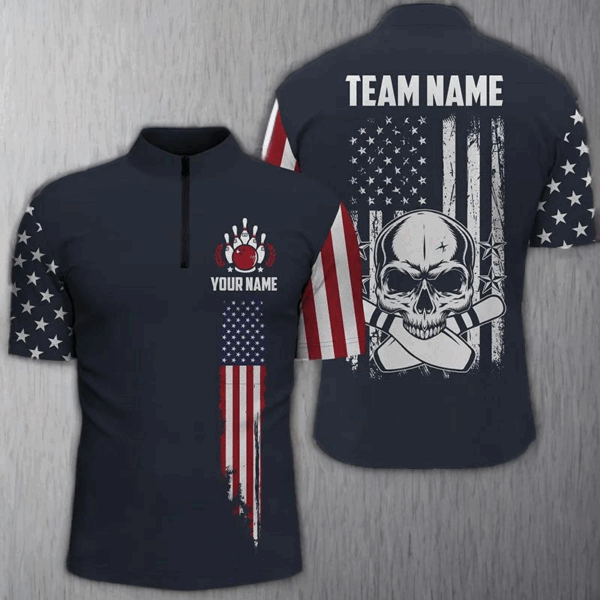 Custom Vintage Skull Bowling Shirts For Men, Retro Style Patriotic Bowling Team Shirts Outfit IPHW5141