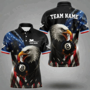 American Flag Eagle 8 Ball Mens Billiard Polo & 1/4 Zip Custom Patriotic Team Billiard Pool Jersey TDM3866