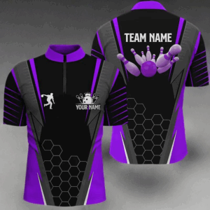 Black Men's Bowling Shirt Quarter-Zip Custom Name mens Bowlers Jersey, team bowling outfits | Purple NQS6132
