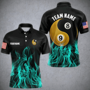 Turquoise Flaming Ying And Yang 8 Ball & 9 Ball Billiard Shirt For Men Custom Pool Billiard Jersey TDM3865