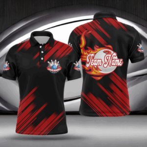 Black Bowling Polo Shirt For Men Custom Flame Bowling Jersey Team Bowling Shirt BDT262