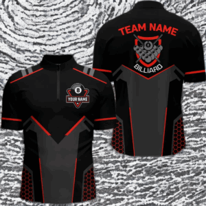 Personalized Style Black Red 8 Ball Billiard 3D Quarter-Zip Shirts For Men, 8 Ball Pool Team Shirts VHM1056