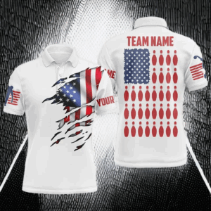 Polo shirt Custom Mens Bowling Shirts, Customizable American Flag Bowling Pin Polo Shirt For Team IPHW3809