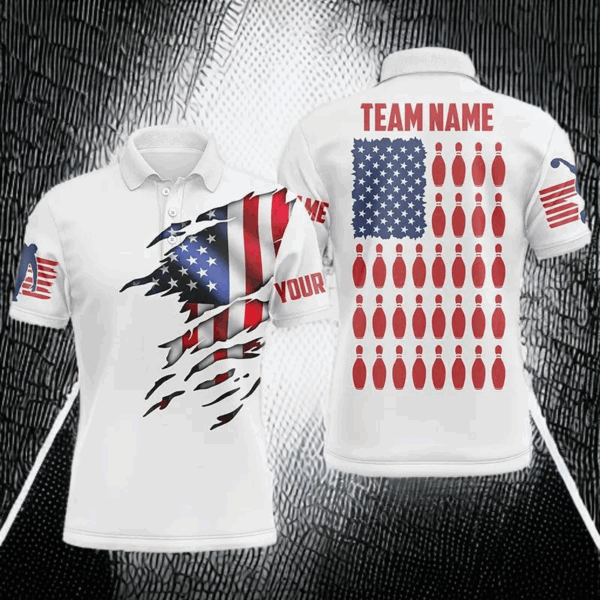 Polo shirt Custom Mens Bowling Shirts, Customizable American Flag Bowling Pin Polo Shirt For Team IPHW3809