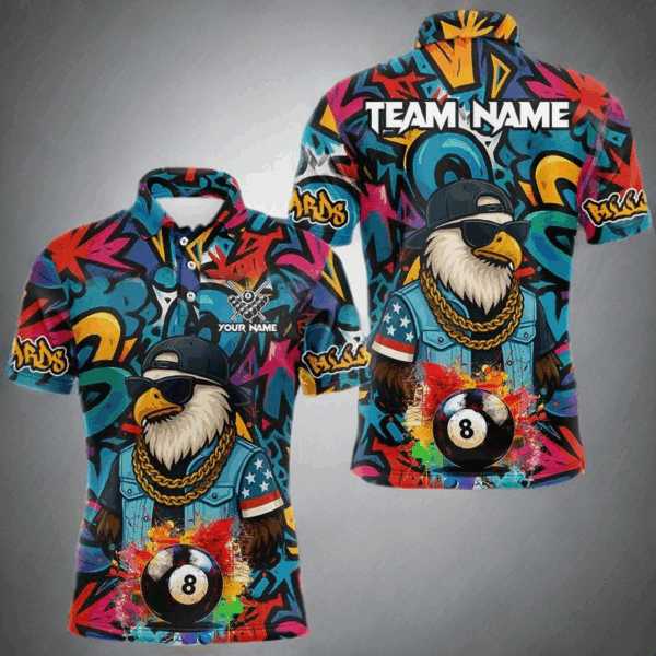 Funny Eagle Colorful Graffiti 8 Ball Billiard Shirt For Men Custom Billiard Jersey Pool Team Shirts TDM3854
