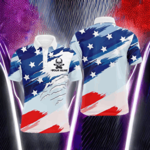 Personalized Men Polo Bowling Shirt, American Flag Skull Bowler Jersey Short Sleeve NBP63
