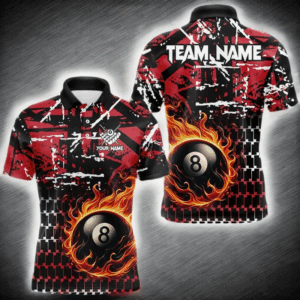 Grunge Black And Red Flaming 8 Ball Pool Men's Billiard Shirts Custom Billiard Jerseys Team Shirts TDM3833