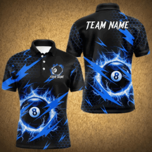 Blue 8 Ball Pool Thunder Lightning Storm Men's Billiard Shirt Custom Billiard Jersey Polo & 1/4 Zip TDM3832