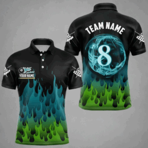 Green And Blue Flaming 8 Ball Pool Men Billiard Polo & 1/4 Zip Custom Pool Team Player Jersey TDM3828