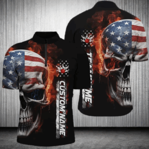 Flame Skull American Flag Custom Team Bowling Shirts For Men, Patriotic Bowling Shirt Jerseys IPHW5179