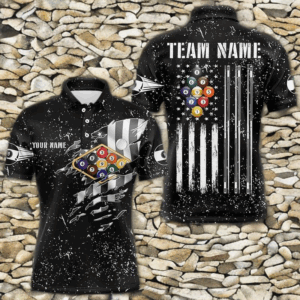 Personalized Black Grunge US Flag Billiard Balls Polo, 1/4 Zip For Men, 9 Ball Pool Billiard Jersey TDM3574