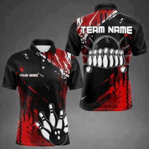 Black and Red Mens bowling shirts Custom retro bowling ball and pins bowling team league jerseys NQS9454