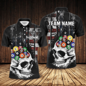 Personalized Skull US Flag Billiard Team Jersey Billiard Shirts for Men Polo & 1/4 Zip NNT42