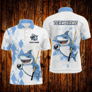Personalized Blue Shark Billiard Team Jerseys Billiard Shirts for Men Polo & 1/4 Zip Shirts NNT39