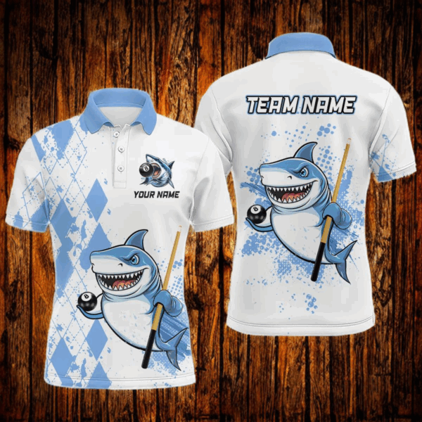 Personalized Blue Shark Billiard Team Jerseys Billiard Shirts for Men Polo & 1/4 Zip Shirts NNT39