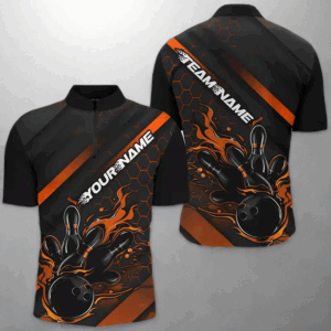 Custom Black And Orange Flame Bowling Shirts For Men, Bowling Team Bowling League Shirts IPHW7508