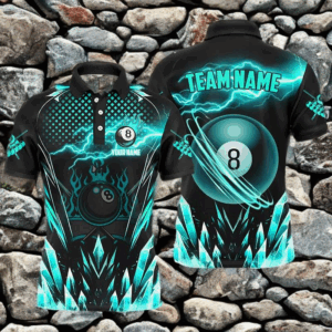 Custom Turquoise Icy Lightning 8 Ball Pool Men Polo & Quarter-Zip, Billiard Team League Jersey TDM2671
