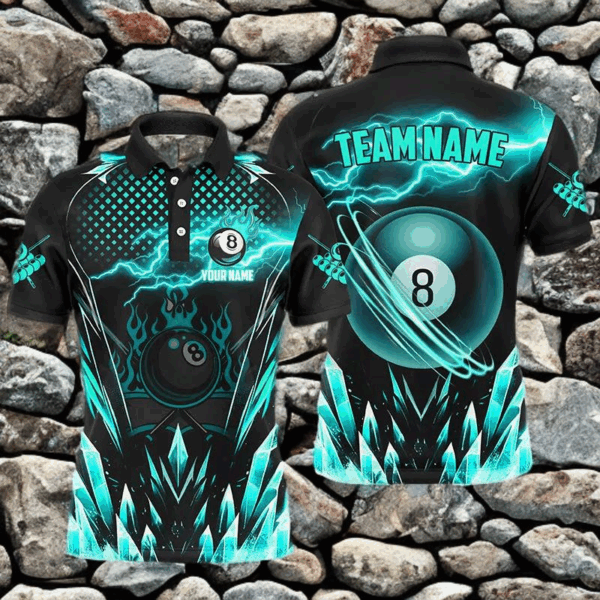 Custom Turquoise Icy Lightning 8 Ball Pool Men Polo & Quarter-Zip, Billiard Team League Jersey TDM2671