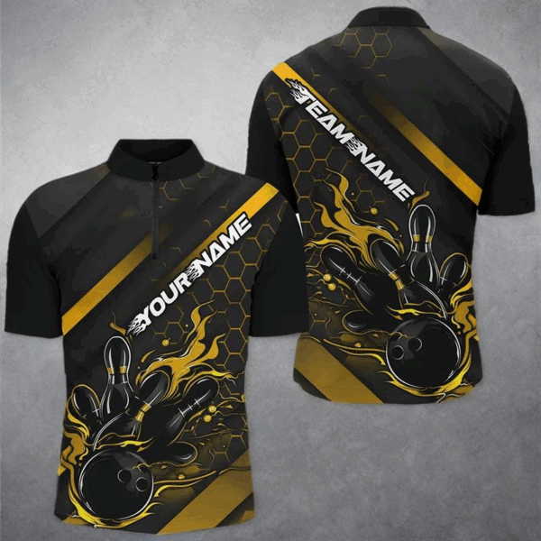 Custom Black And Gold Flame Bowling Shirts For Men, Bowling Team Bowling League Shirts IPHW7505