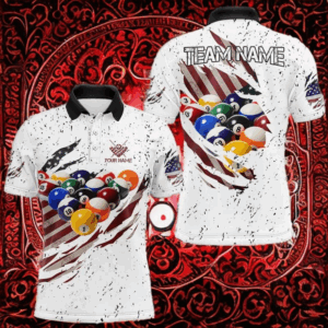 Patriotic American Flag Grunge Billiard Jersey For Men Custom Billiard Shirt Polo & 1/4 Zip |White TDM3819