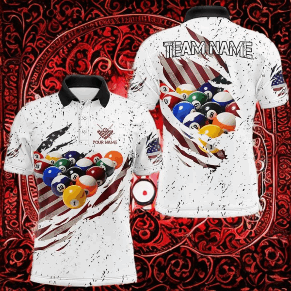 Patriotic American Flag Grunge Billiard Jersey For Men Custom Billiard Shirt Polo & 1/4 Zip |White TDM3819