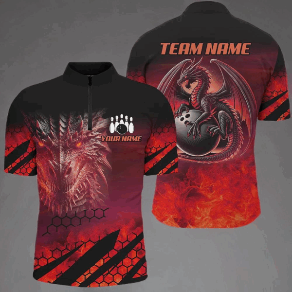 Black And Red Custom Dragon Flame Bowling Shirts For Men, Dragon Fire Bowling Team Shirts NQS8384
