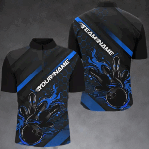 Custom Black And Blue Flame Bowling Shirts For Men, Bowling Team Bowling League Shirts IPHW7212