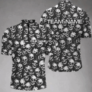 Custom Black And White Skull Halloween Bowling Shirts For Men, Halloween Outfits For Bowlers IPHW7162