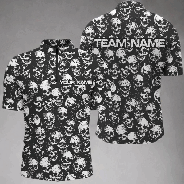 Custom Black And White Skull Halloween Bowling Shirts For Men, Halloween Outfits For Bowlers IPHW7162