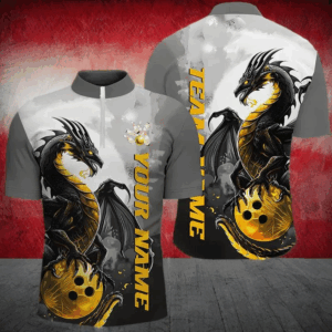 Black And Gold Custom Dragon Bowling Shirts For Men, Dragon Bowling Team Shirts IPHW7058