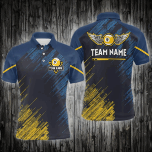 Personalized Blue Yellow 9 Ball Pool Wings Men's Billiard Shirts, 9 Ball Billiard Team Shirt Jersey TDM3776