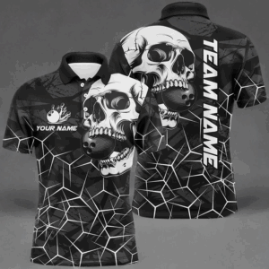 Black Skull camo bowling shirt for men custom bowling team jerseys, gifts for bowlers | White NQS8072