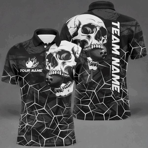 Black Skull camo bowling shirt for men custom bowling team jerseys, gifts for bowlers | White NQS8072