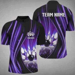 Purple and black light Men Polo, 1/4 Quarter Zip Shirts Custom bowling team jerseys, gift for bowlers NQS7861