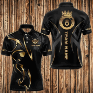 Customized 8 Ball Pool Crown Men Billiard Shirts, Gold And Black Billiard Team Shirt Pool Jerseys TDM3769