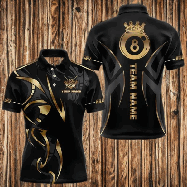 Customized 8 Ball Pool Crown Men Billiard Shirts, Gold And Black Billiard Team Shirt Pool Jerseys TDM3769