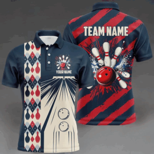 Personalized Red, white and blue Retro bowling Polo, Quarter Zip shirts for Men, Bowling Team Jerseys NQS7722