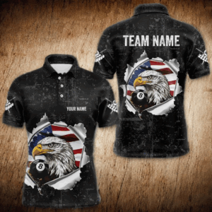 Personalized 8 Ball Pool Eagle US Flag Billiard Shirts For Men Custom Black Grunge Billiard Jerseys TDM3762