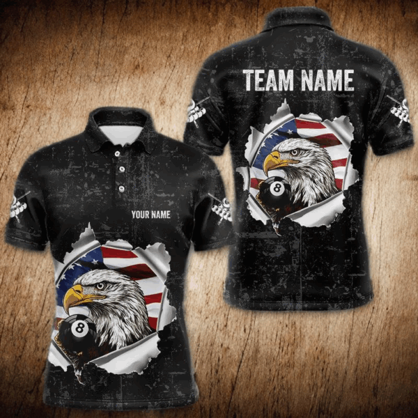 Personalized 8 Ball Pool Eagle US Flag Billiard Shirts For Men Custom Black Grunge Billiard Jerseys TDM3762