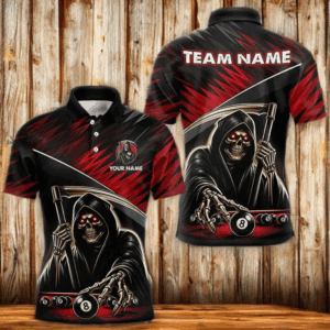 Red Grim Reaper 8 Ball Pool Billiard Shirts For Men Custom Billiard Team Jerseys Polo & 1/4 Zip TDM3760