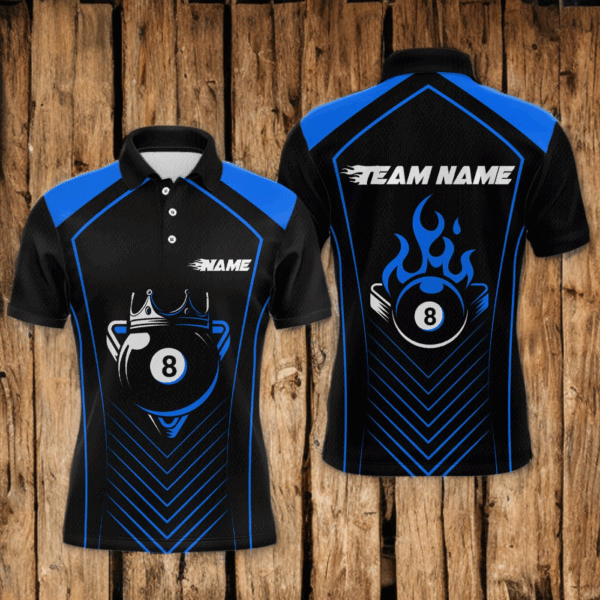 Customized Blue 8 Ball Pool Crown Men's Billiard Shirts, Billiard Team Shirts Polo & 1/4 Zip Shirts NNT37
