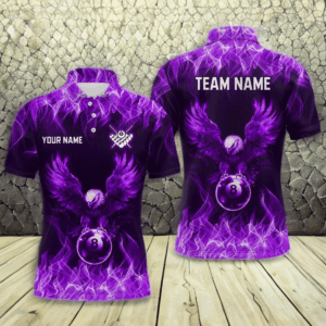 Personalized Purple Eagle Flaming 8 Ball Pool Bliiard Polo & 1/4 Zip, Billiard Shirt for Men, Billiard Team Jerseys NNT36