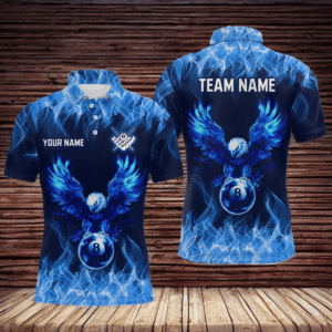 Personalized Blue Eagle Flaming 8 Ball Pool Bliiard Polo & 1/4 Zip, Billiard Shirt for Men, Billiard Team Jerseys NNT36