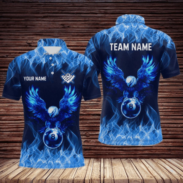 Personalized Blue Eagle Flaming 8 Ball Pool Bliiard Polo & 1/4 Zip, Billiard Shirt for Men, Billiard Team Jerseys NNT36
