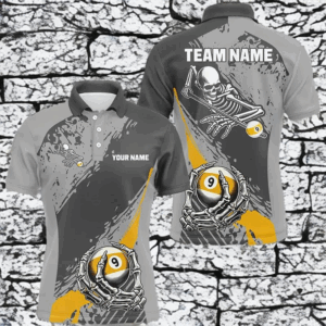 9 Ball Skeleton Custom Billiard Polo & 1/4 Zip Shirts For Men, Funny 9 Ball Pool Billiard Jerseys TDM2417