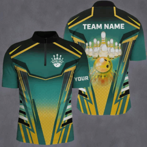 Men bowling Quarter Zip shirts Custom green and yellow Bowling ball pins Team Jerseys bowling apparel NQS7106