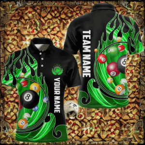 3D Billiard Balls Fire Flame Custom Pool Shirts For Men, Billiard League Team Jerseys | Green TDM3754