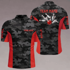 Men bowling Quarter Zip shirts Custom gray camo Bowling Team Jersey, Bowling Team League Shirt | Red NQS7094